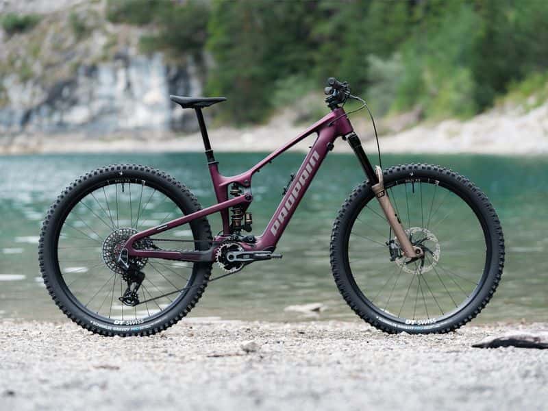Propain Sresh SL light e-MTB parked on a lakeshore in the Alps