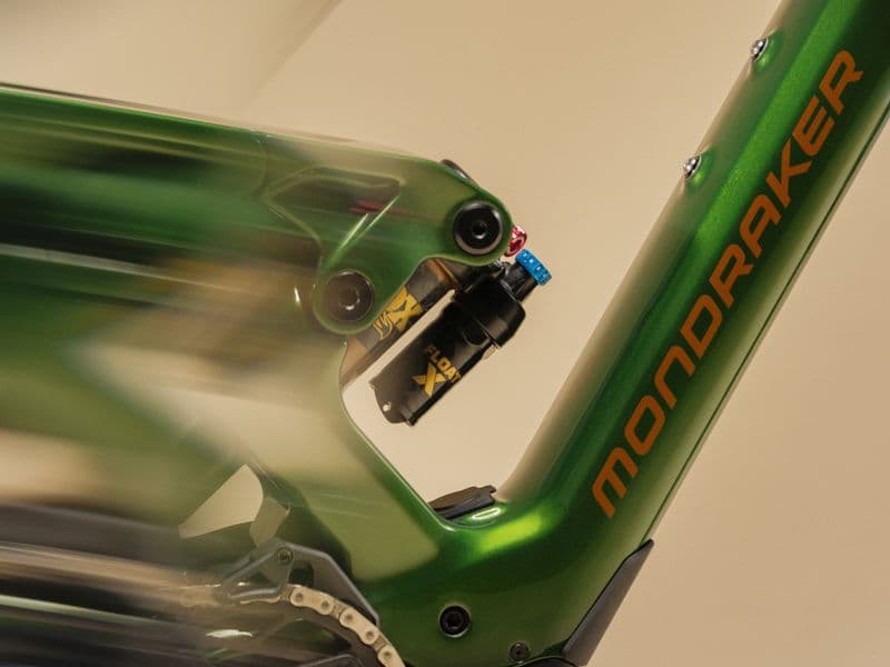 Mondraker Zendit RR S green carbon frame and Fox shock detail