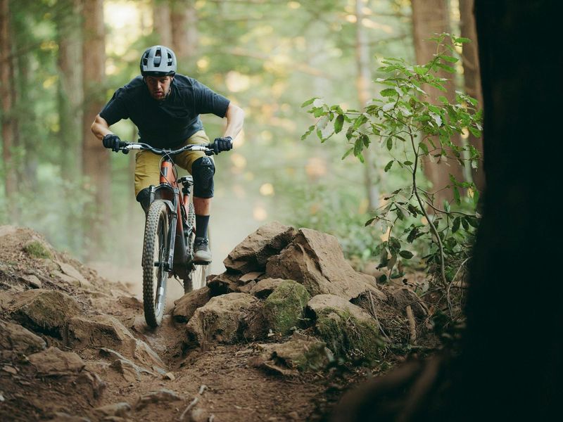 Aventon Current LTD ridden down a rocky forest trail