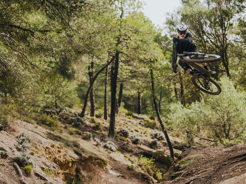 Rider jumping a Bosch-powered eMTB in a pine forest, illustrating the Bosch Trick Check feature