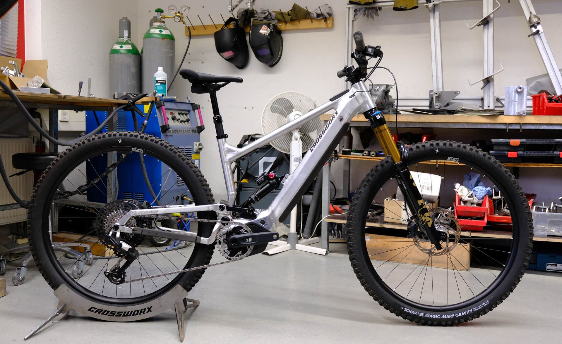 Crossworx Pace290 aluminium e-MTB in raw finish in the Crossworx workshop