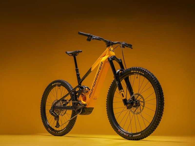 Yellow Mondraker Level XR e-MTB studio shot