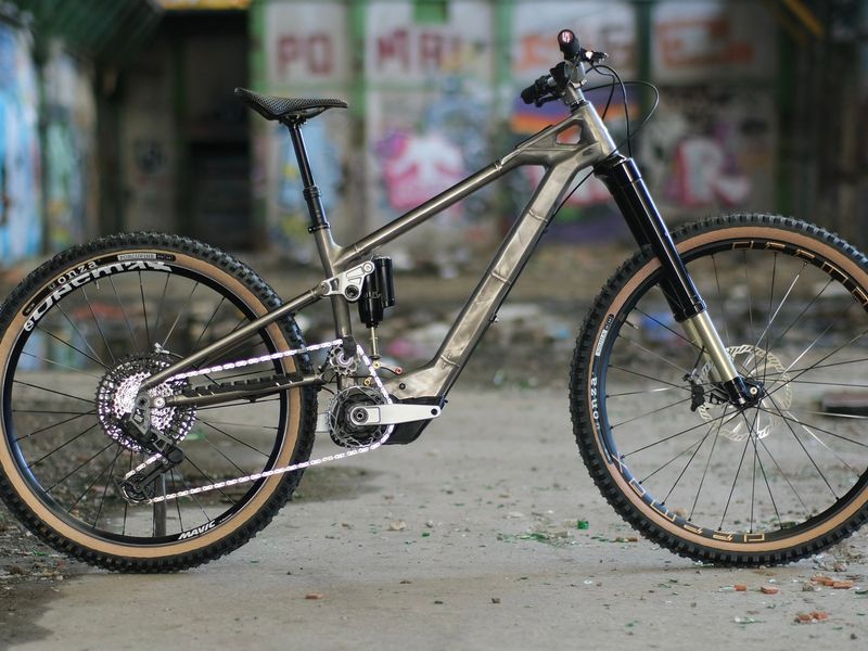 Goobz-E titanium enduro eMTB prototype with Avinox M2S motor, side view