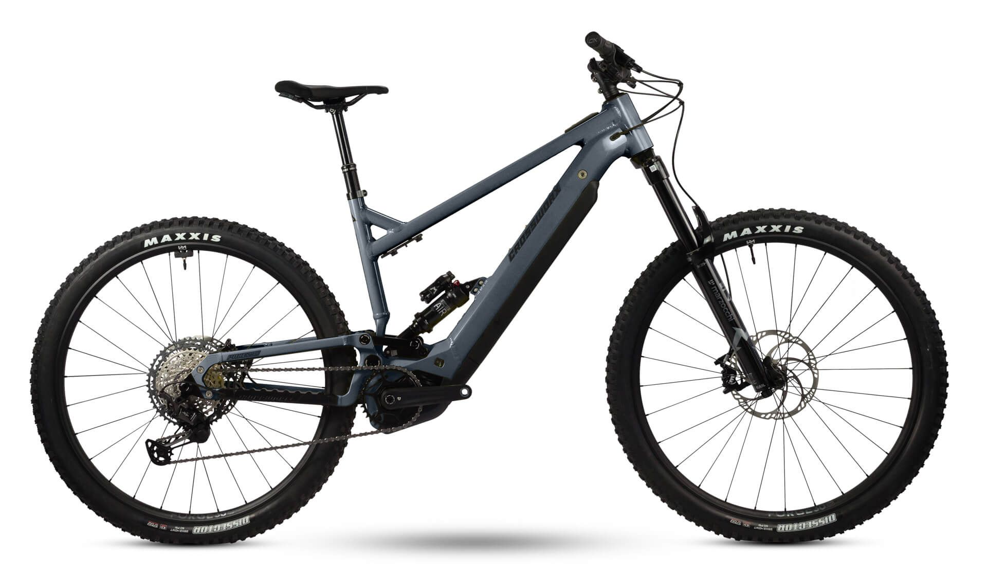Crossworx Pace290 e-MTB in grey, drive side studio view