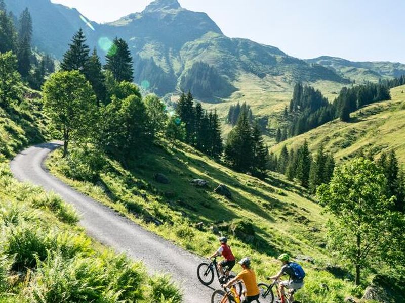 View over the green Glemmtal valley with mountain bikers on a trail