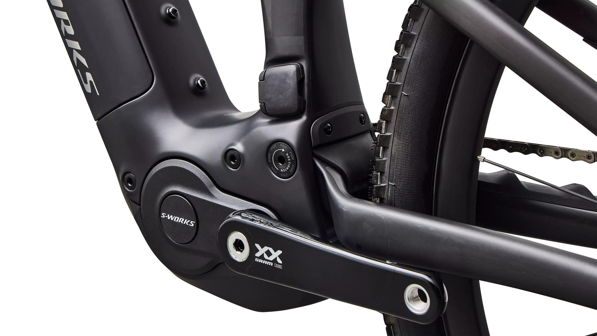 Specialized S-Works Turbo Levo R Ultralight e-MTB, motor and crank detail