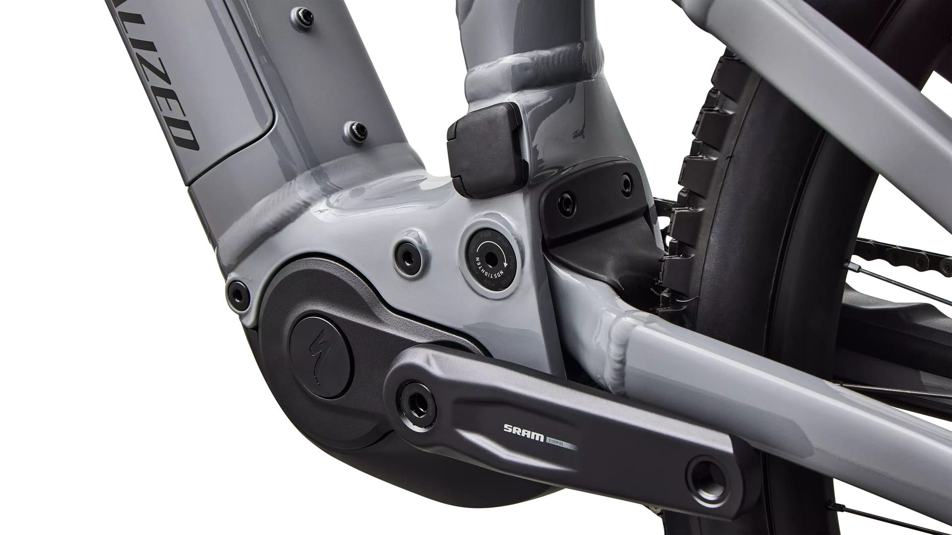 Specialized Turbo Levo 4 Alloy e-MTB, motor and crank detail