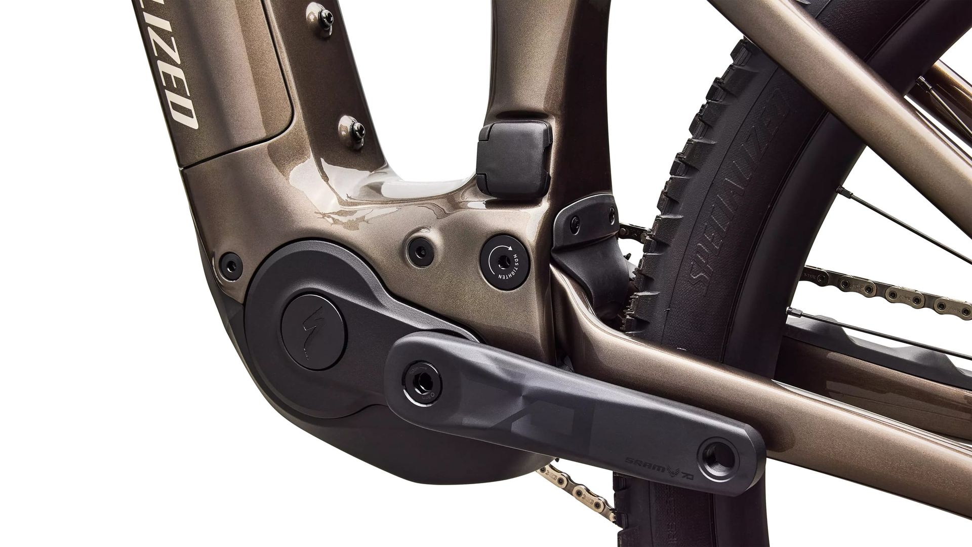 Specialized Turbo Levo R Comp e-MTB, motor and crank detail