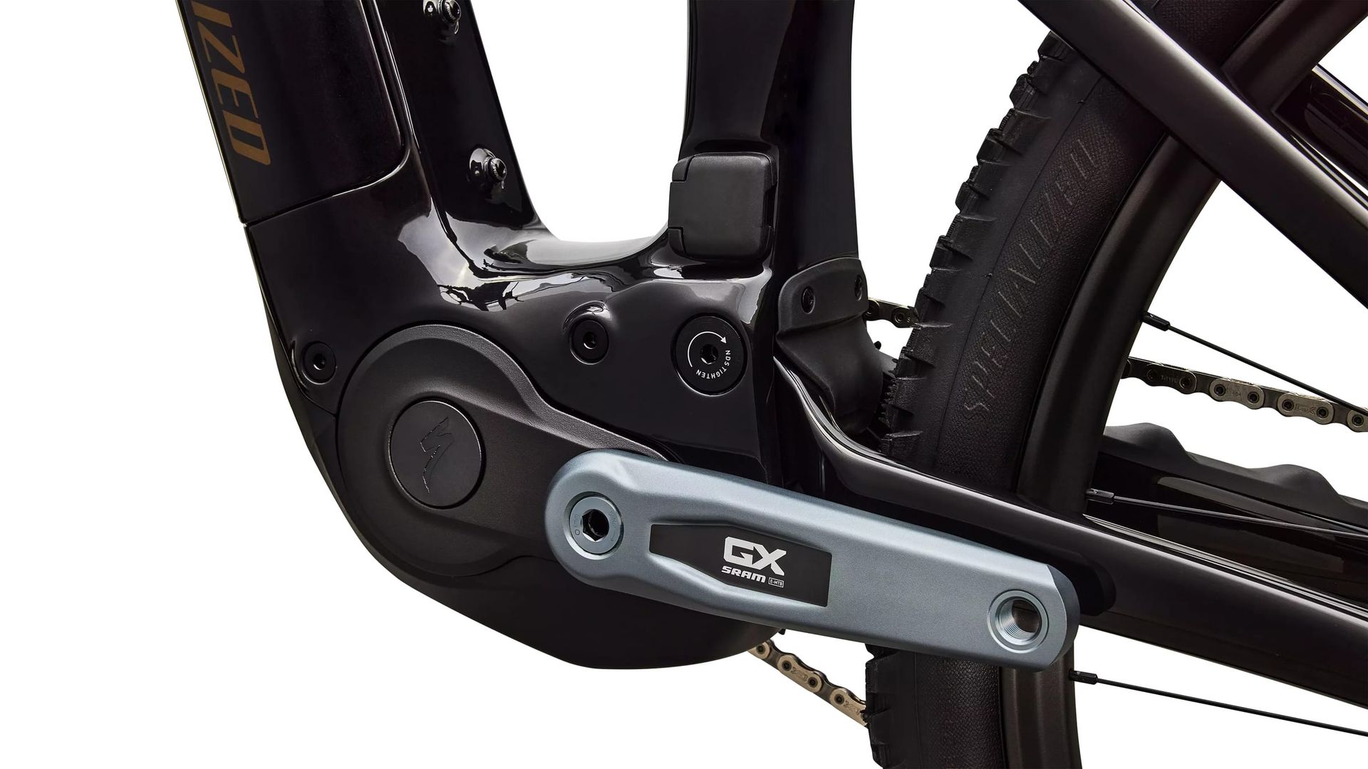 Specialized Turbo Levo R Expert e-MTB, motor and crank detail