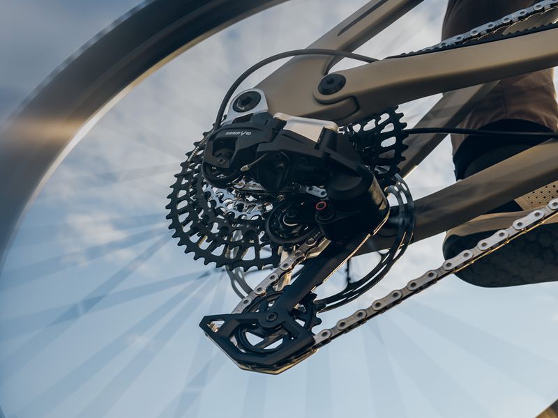 SRAM Eagle 90 Transmission mechanical derailleur and cassette, close-up